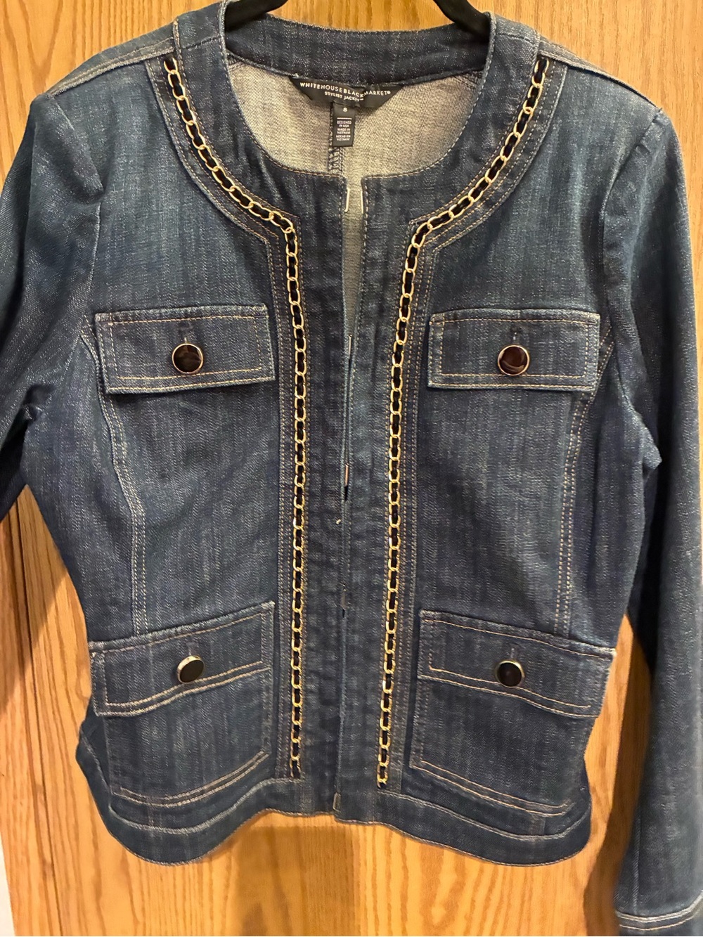 White House Black Market Military Denim Jacket with Chain Detail